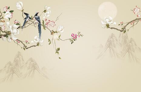 中式玉兰花鸟月亮