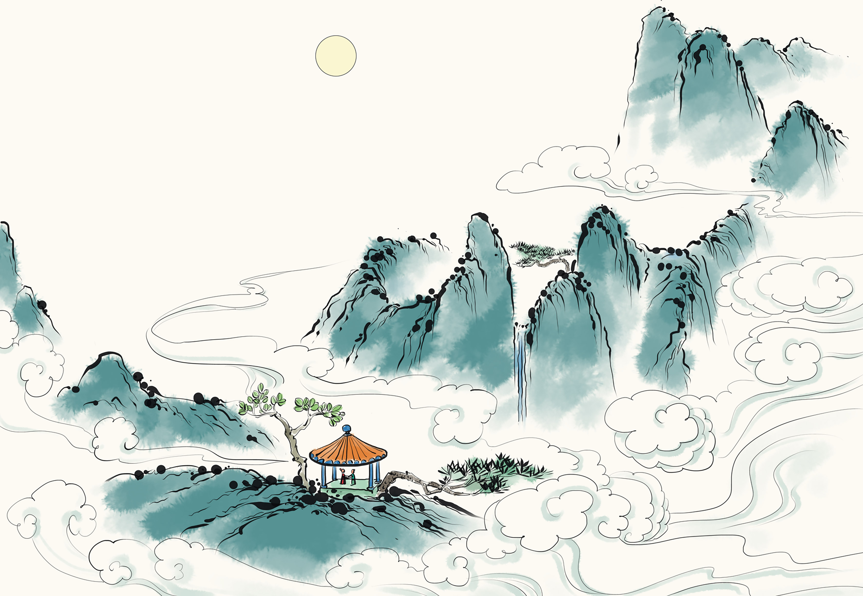 中国风手绘水墨山