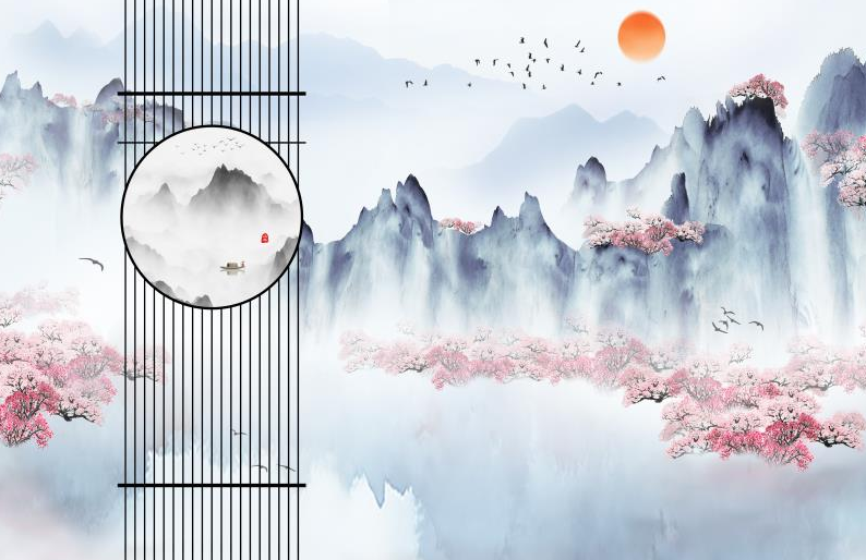 屏风中式山水樱花