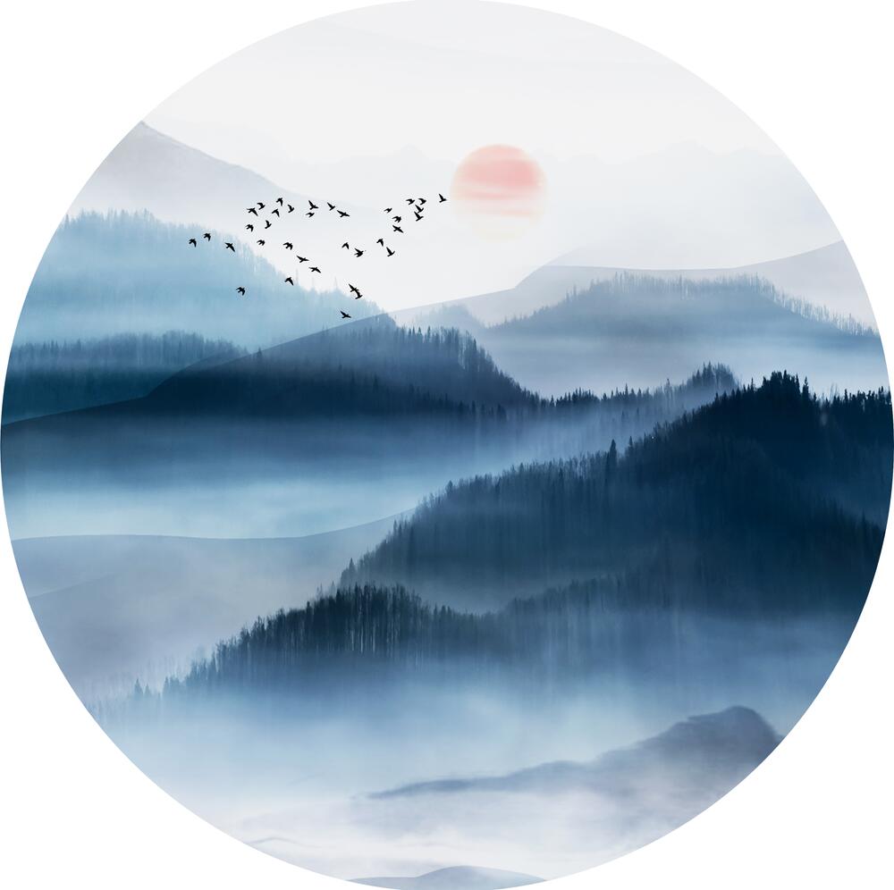 圆形新中式水墨山