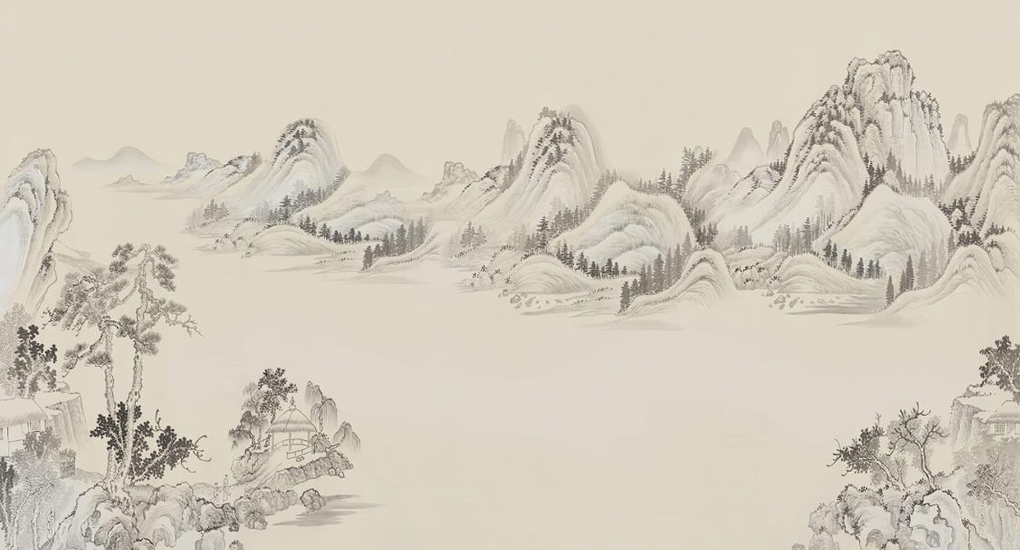 手绘山水背景新中