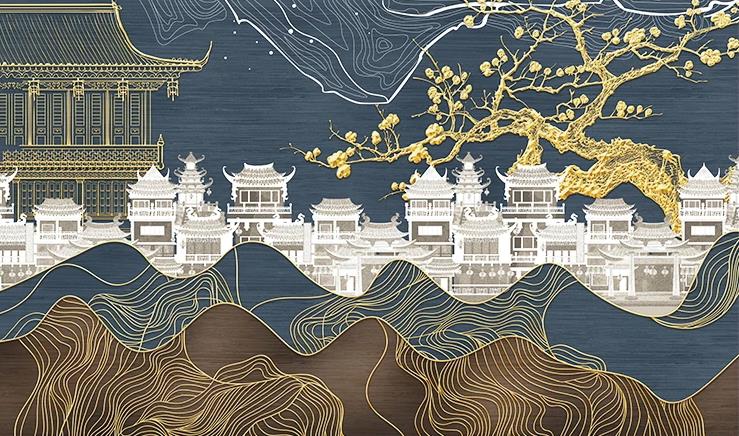 新中式金色线描山