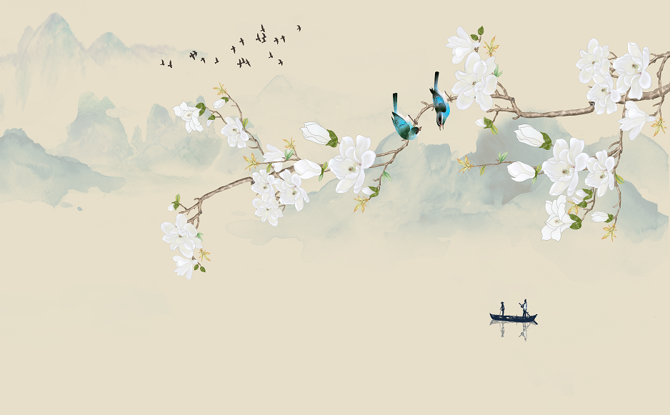 中式复古手绘花鸟