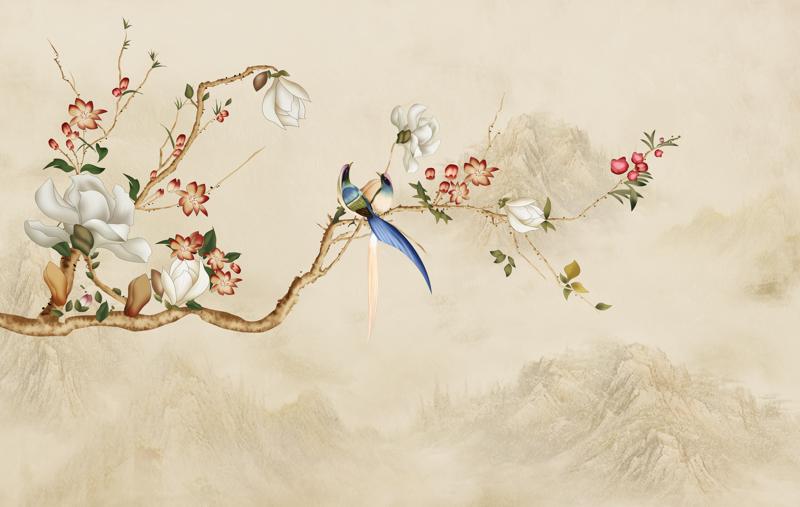 背景墙山水玉兰花