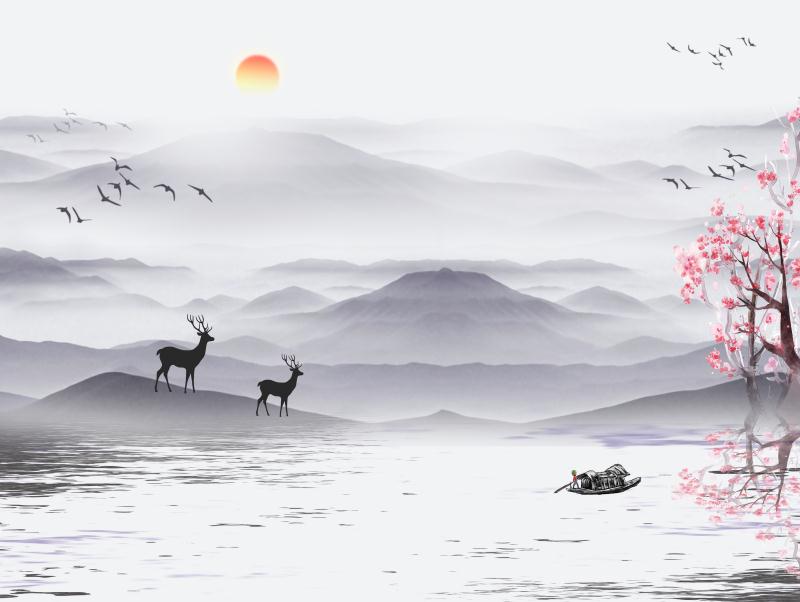 新中式山水麋鹿中