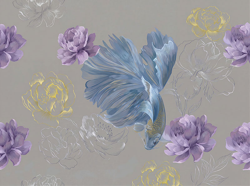 背景墙花朵锦鲤鱼