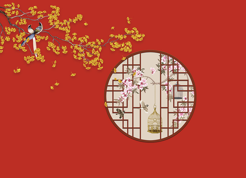 新中式窗花花鸟背