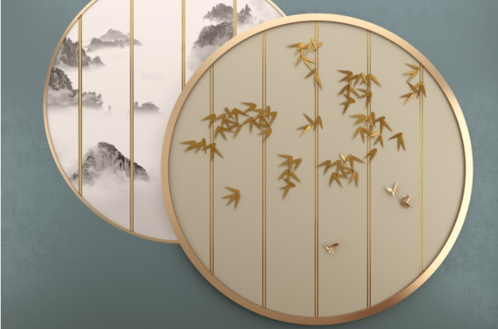 中式格栅背景墙圆