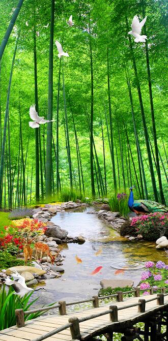 竹林流水风景画立