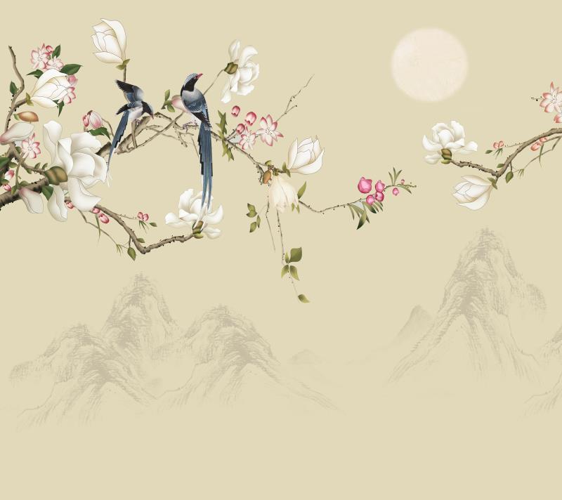 中式玉兰花鸟月亮