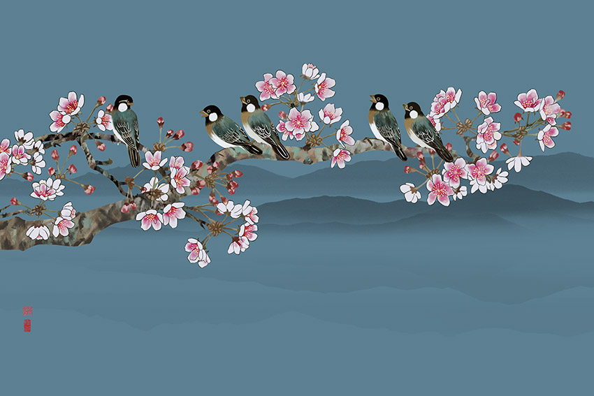 中式山水花鸟喜鹊