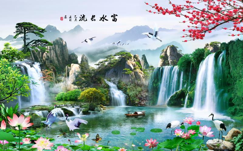 富水长流山水画 