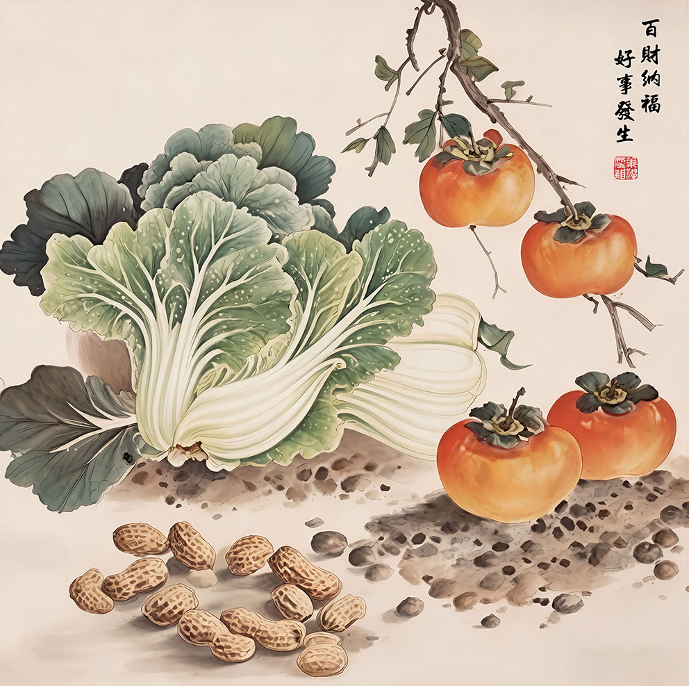 新中式国画白菜柿