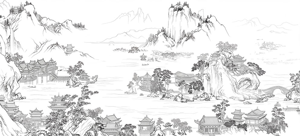 新中式线描白色阁