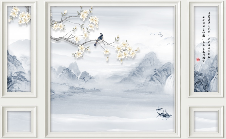 工笔花鸟加框水墨