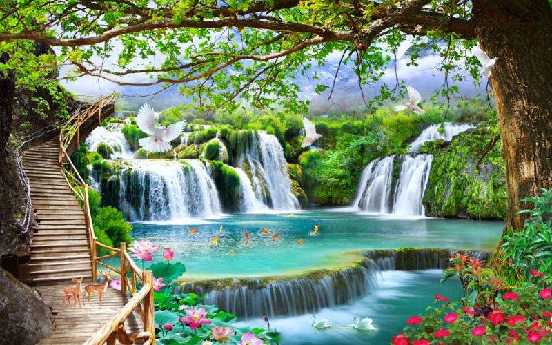 中式风景瀑布背景