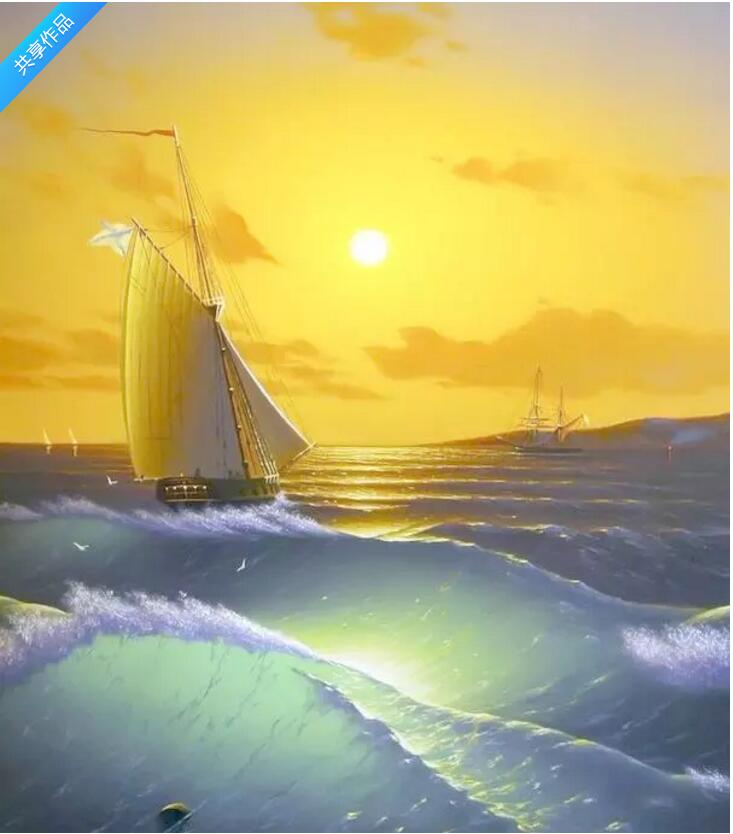 油画 海浪帆船图