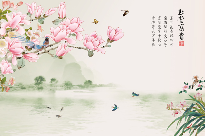 新中式手绘花鸟玉