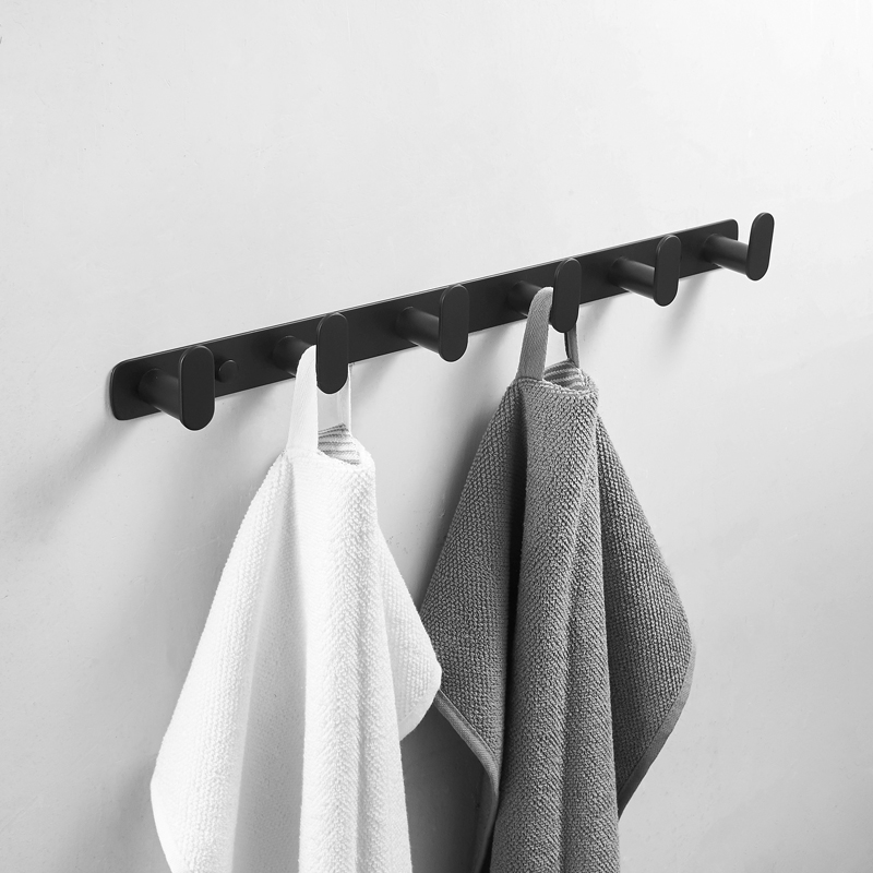 Black bathroom hook wall hanging 304 stainless steel towel rack Powder room storage hanger hook row hook free punch