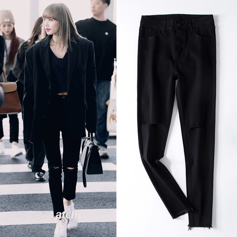 Lisa Celebrity Style Black Ripped Jeans for Women, Cropped High-Waisted Slim-Fit Stretch Skinny Pencil Pants