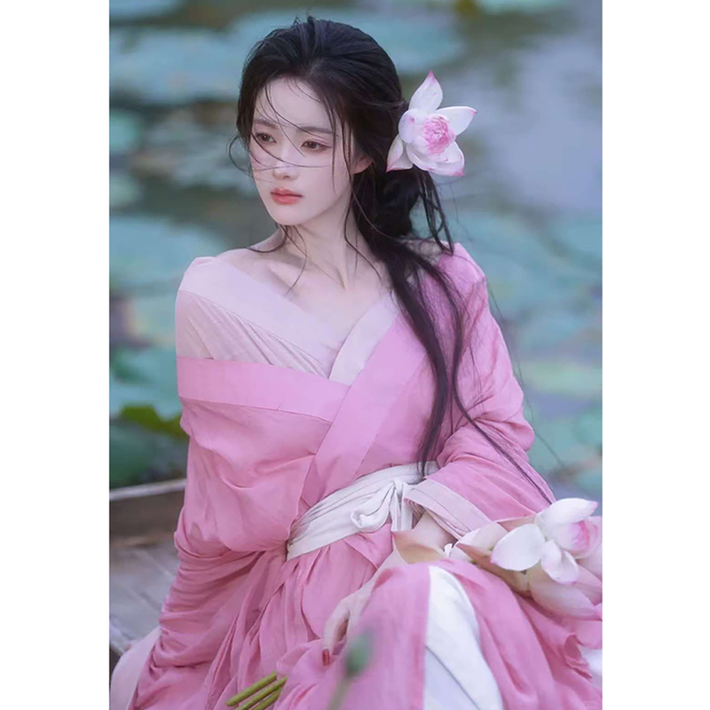 Wei and Jin Dynasty Cool Style Hanfu for Women, Summer Pink Lotus Photo Shoot Outfit, Ethereal Cross-Collar Ancient Costume, Warring States Robe, Ancient Style Photo Shoot