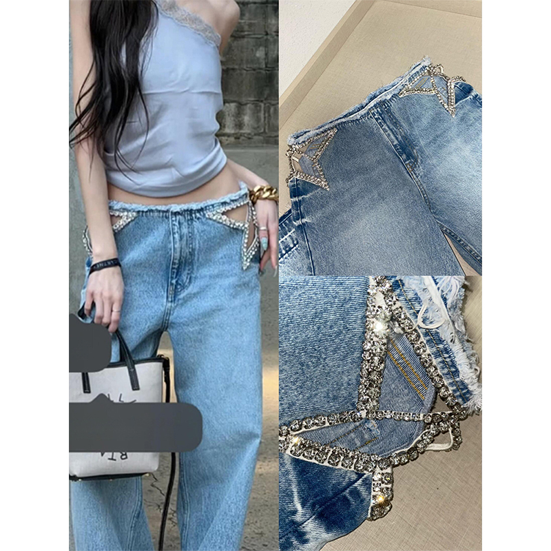 American High Street Style Star Hollow-Out Rhinestone Jeans for Women, New Summer Design, Trendy Frayed Hem Pants with a Spicy Vibe