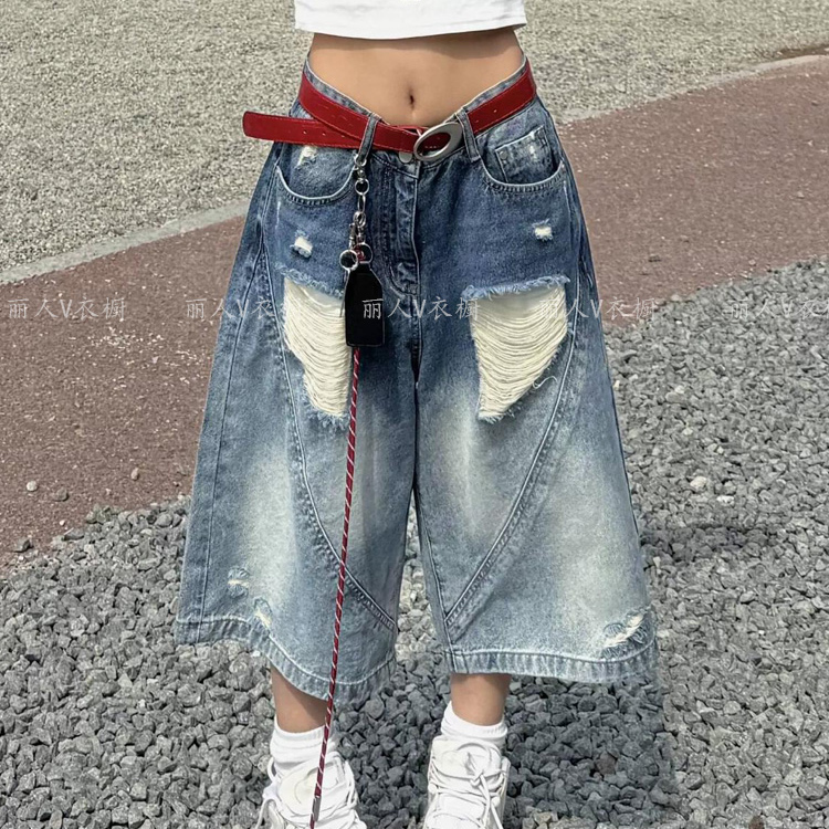 American High Street Design Gradient Jeans for Women, Retro Washed Loose Fit Ripped Wide-Leg Cropped Pants