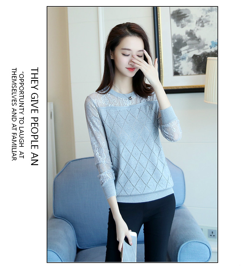 Xuân-Hè 2018 mới của phụ nữ phiên bản Hàn Quốc của những chiếc áo sơ mi chạm đáy của áo len lưới dài tay ren áo sơ mi nữ công sở