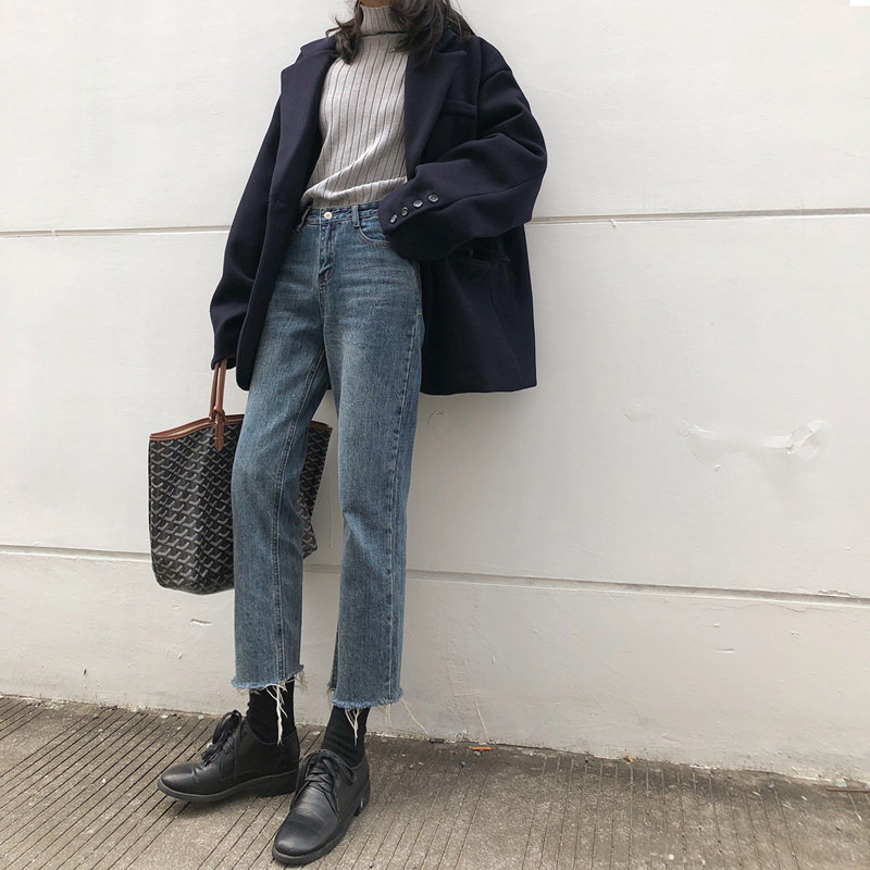 Retro denim jeans footed hair side loose to make old straight tube pants casual 90% jeans Women in spring