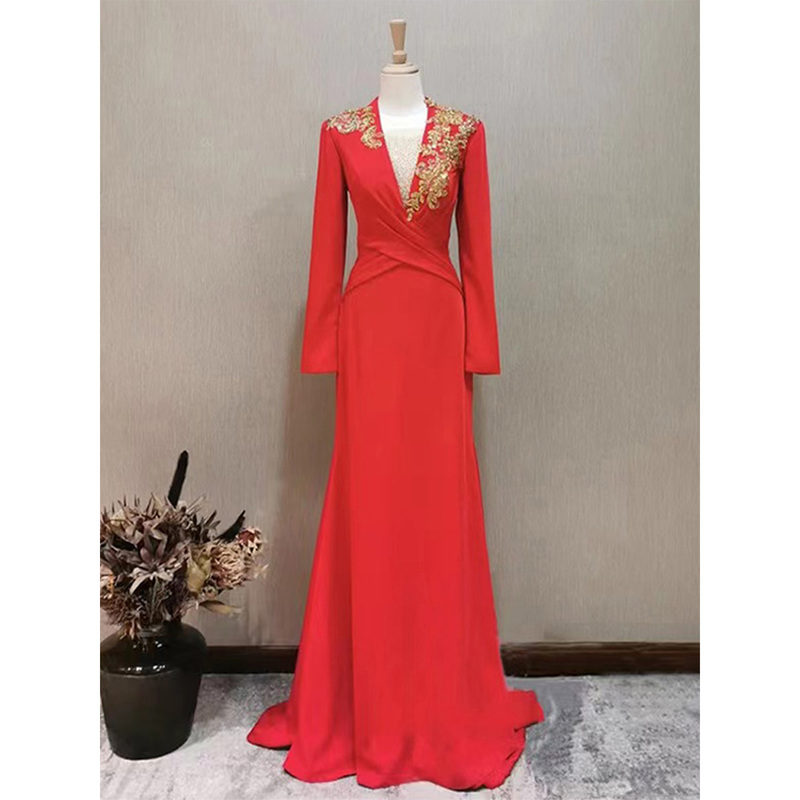 Red Hostess Dress with a High-End Feel, Ethnic Vocal Performance Exam Solo Dress, Elegant and Classy Guzheng Performance Costume