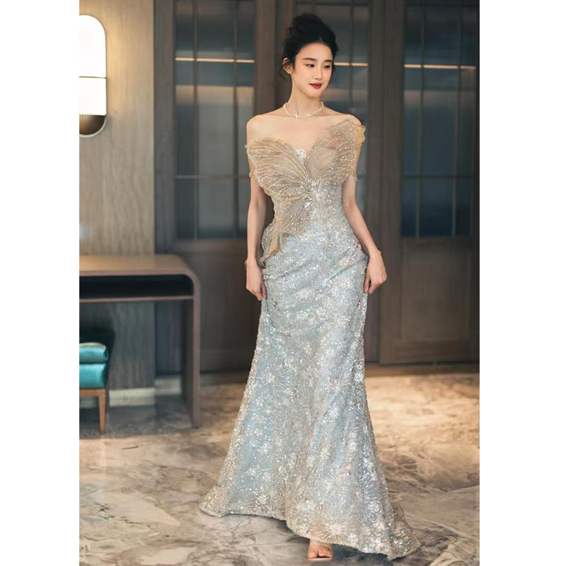 Strapless Toast Dress, High-End Light Luxury Sequin Bridal Engagement Wedding Dress, High-End Banquet Host Evening Dress Strapless Toast Dress, High-End Light Luxury Sequin Bridal Engagement Wedding Dress, High-End Banquet Host Evening Dress
