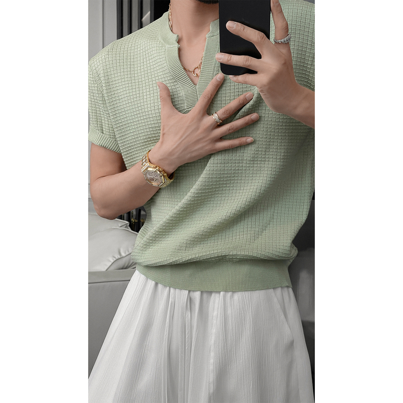Longdaodao 2026 Summer New Product Old Money Style Simple V-Neck Knitted Short-Sleeve Men's Retro Mature Style Versatile Top