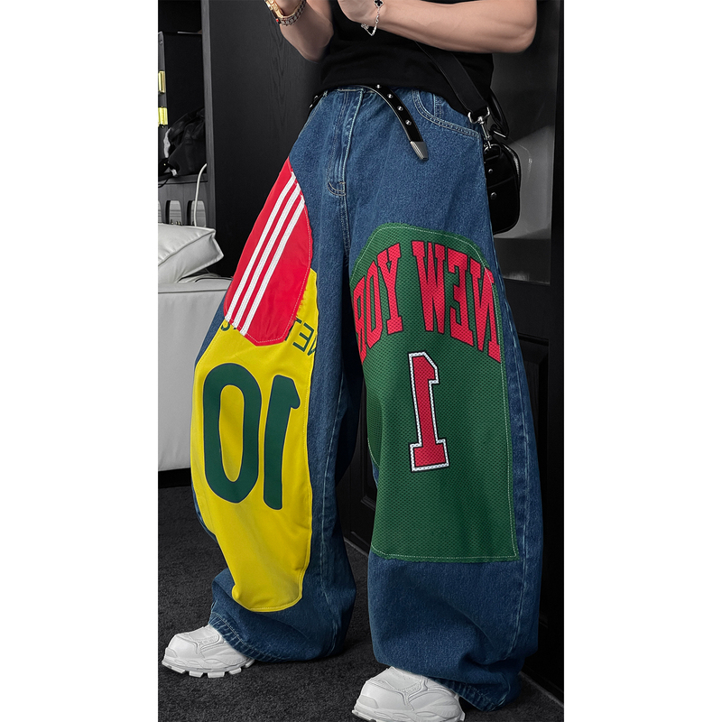 Longtaodao 2026 Summer New American High Street Color-Block Letter Print Jeans Men's Trendy Loose Wide-Leg Pants Longtaodao 2026 Summer New American High Street Color-Block Letter Print Jeans Men's Trendy Loose Wide-Leg Pants