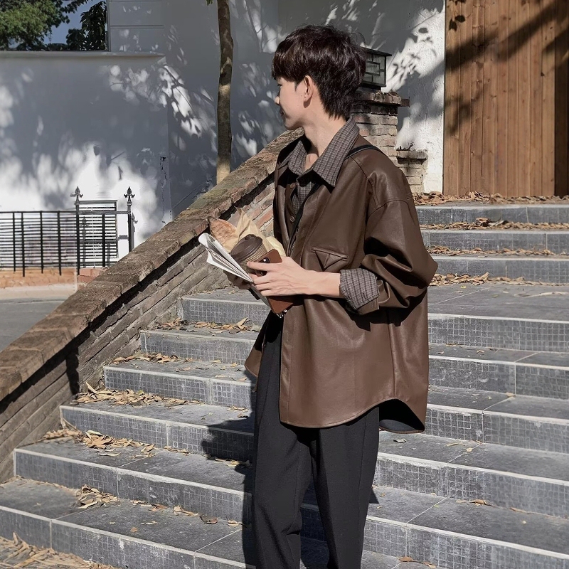 Brown Japanese Style Spring & Fall Shirt, Simple Korean Style Jacket, Winter Retro Leather Jacket, Leaky Leather Jacket