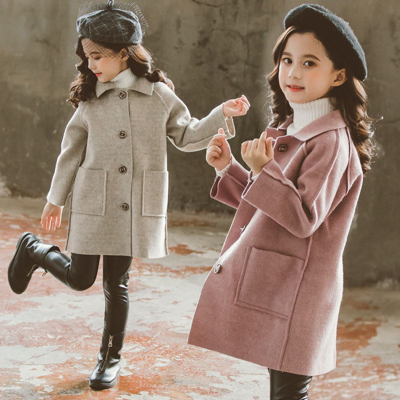 Child Clothing Girl Wind Clothes Spring Autumn 2022 New Spring Clothing Children Medium Long Version Imitation Cashmere Double Sided Coat Blouse Tide