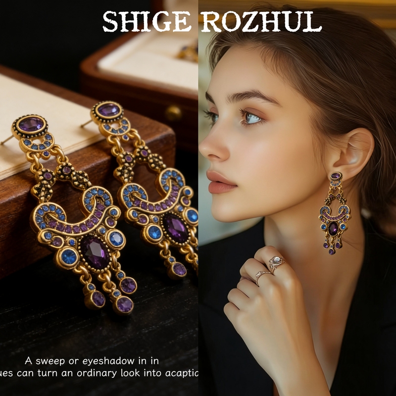 Vintage Court-Style Gemstone Purple Crystal Luxury Earrings with a High-End Feel and Elegant Tassels