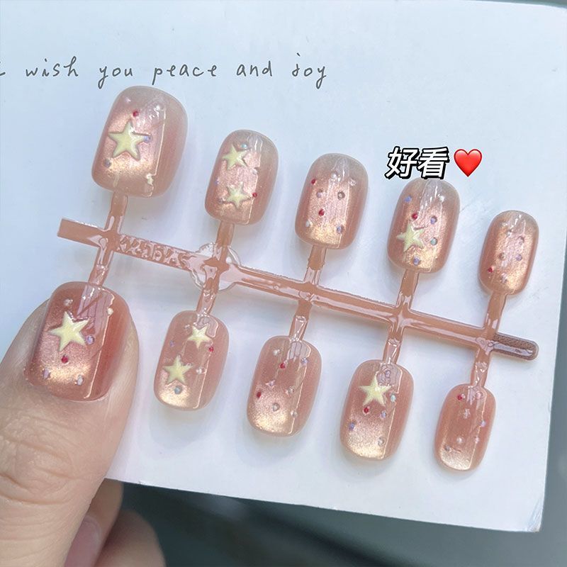 Short Square Star-Shaped Sparkling Wearable Nails with a High-End Feel, Detachable Finished Fake Nails, Pure Handmade Nail Pieces