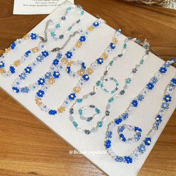 Fresh summer~crystal beaded flower bracelet ring necklace set with sweet design and girly style jewelry