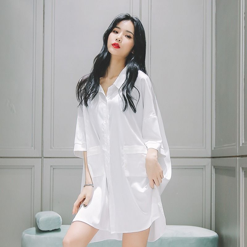 Nightdress women's summer sexy thin section long-sleeved boyfriend style white shirt long home service spring and autumn mood clothing men's pajamas