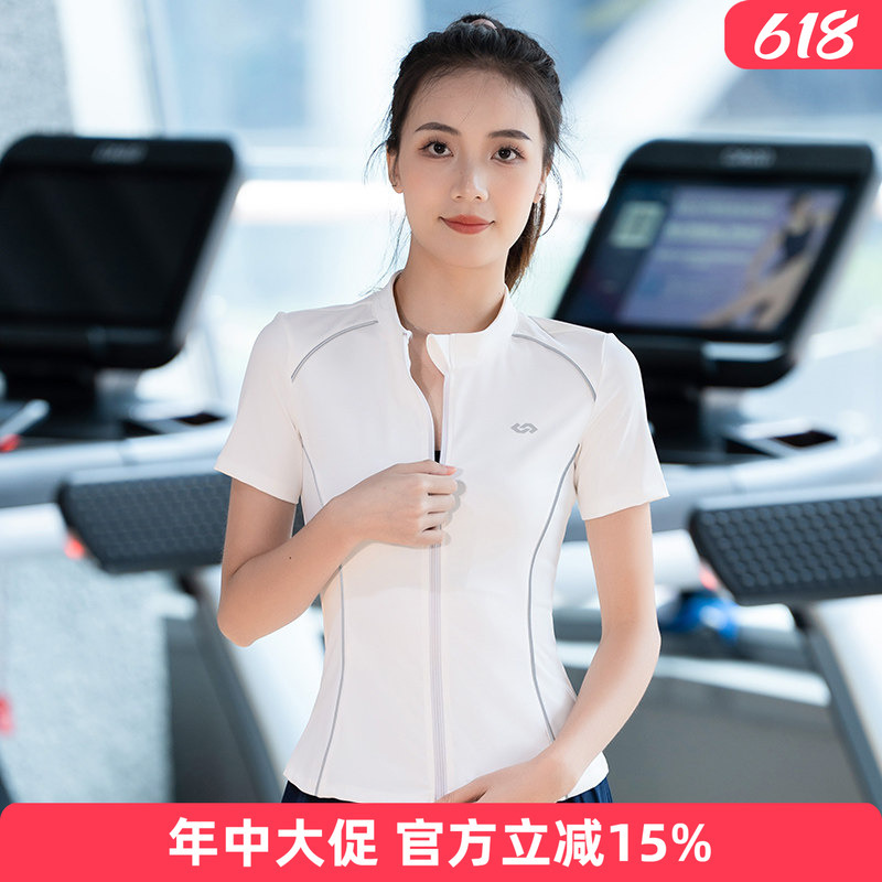 Fashionable Zip-Up Cardigan Fitness Shirt for Women, Short-Sleeved Summer Style, Sweat-Wicking Breathable Quick-Dry T-Shirt for Running