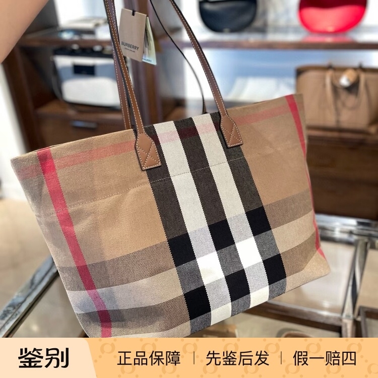 In Stock European Store Burberry/Burberry Women's Tote Plaid Canvas Tote Bag 80840471