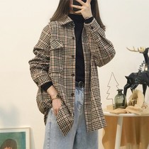 Hairy plaid shirt womens autumn and winter Korean retro Hong Kong flavor stacked wear polished blouse lazy loose shirt coat