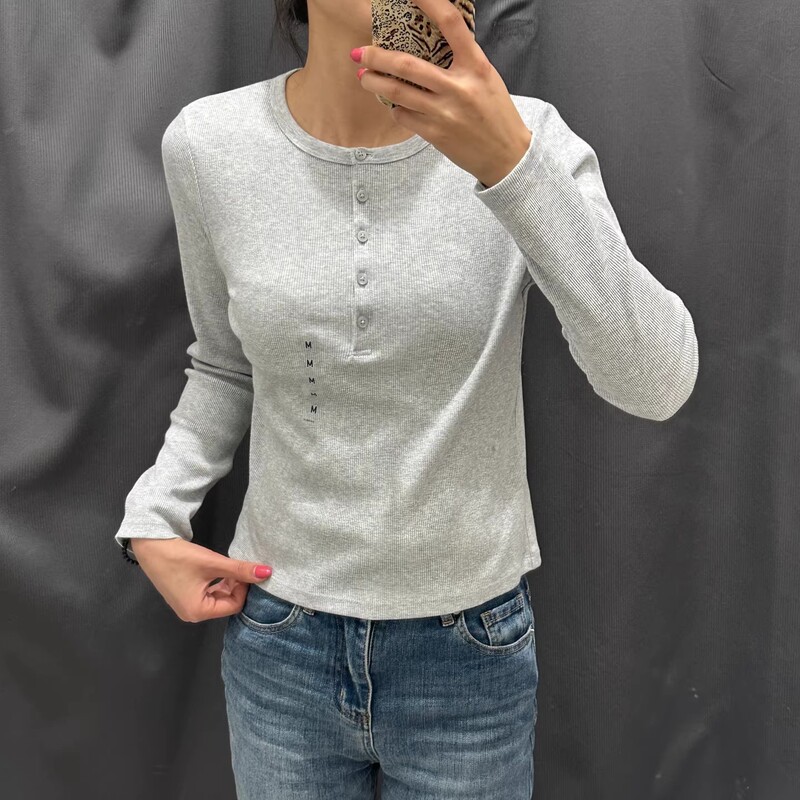 Women's Ribbed Henley Collar T-Shirt, Half-Open Collar, Long-Sleeved T-Shirt, Slim Fit, Short Style, Inner Layer Base Layer 479591 487908