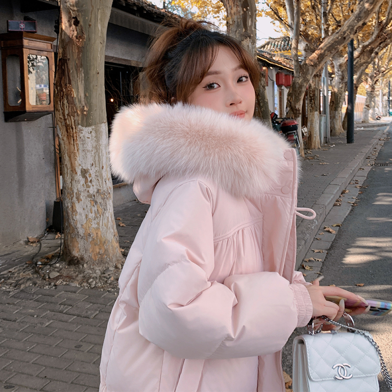 Pink Large Fur Collar down Jacket for Women, Winter Mid-Length Style, Very Attractive, Unique and Beautiful Long Style with Horn Buttons, 90% White Duck down