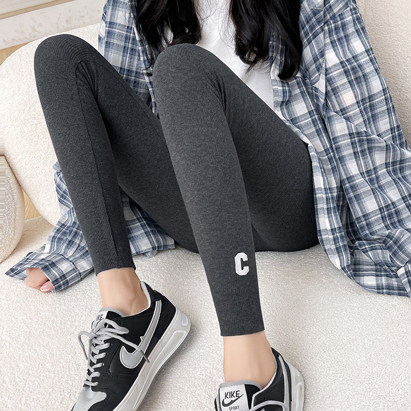 Threaded inner lap pants female outside wearing spring net red embroidered letter C pure cotton elastic 90% pants 100 lap tight fit pants grey