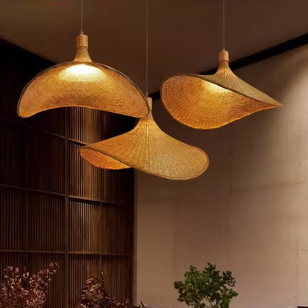 Bamboo Woven Chandelier, New Chinese Style Tea Room, Zen Style, Southeast Asian and Japanese Style Lighting, Creative and Unique Straw Hat Lamp, Clothing Store Chandelier