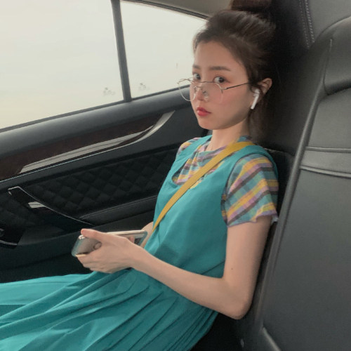 2022 Spring Summer New Port Wind Retro Sweet temperament Colour short sleeves T-shirt Baby Bag Two Style Foreign Dress Women