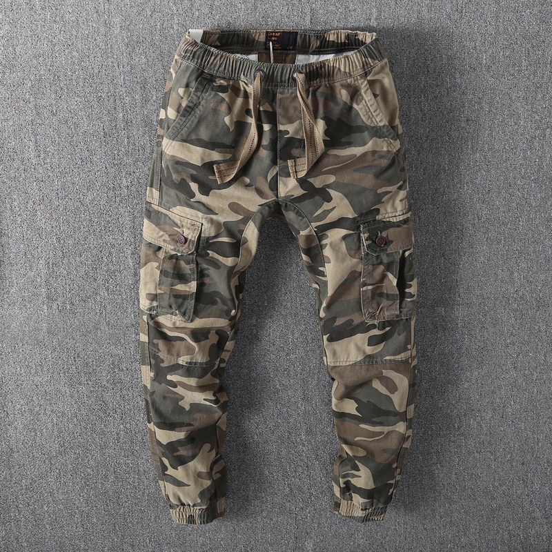 European and American Retro Loose-Fitting Durable Multi-Pocket Camouflage Cargo Pants for Men, New Spring Style Elastic Waist Jogger Pants with Cuffed Legs for Men