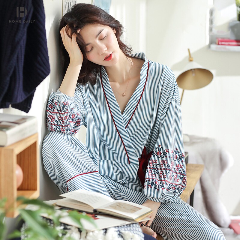 Kimono Pyjamas Spring Autumn Pure Cotton Long Sleeves Lace Korean version printed Sexy cute All cotton Home Suit Autumn Winter
