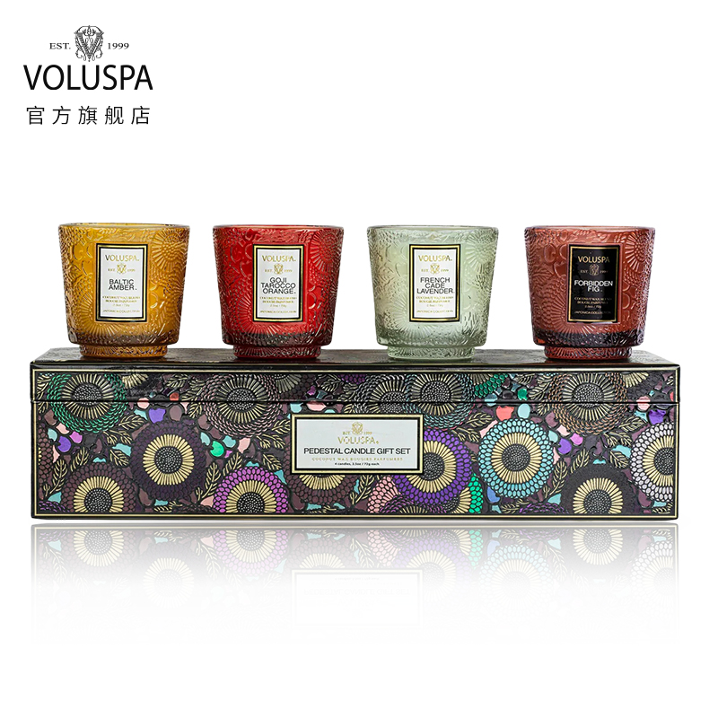 Voluspa-Japonica Mountain Tea Flower Series of four reliefed lace cup gift boxes of aromatic candles